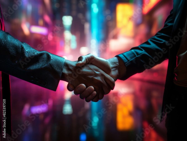 Obraz Image focusing on a handshake against a backdrop of a blurred neon cityscape. Bathed in a neon glow that reflects the vibrant, futuristic environment, enhancing the visual impact and modern aesthetic.