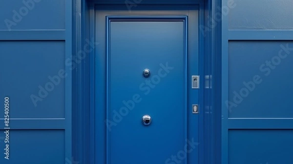 Fototapeta Sleek Cobalt Blue Door with Integrated Smart Lock and Minimalist Design