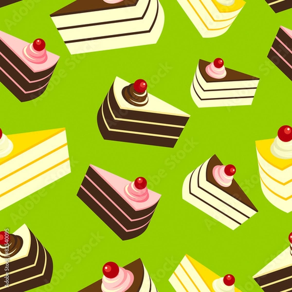 Obraz Delicious Cakes on Green Background, Seamless Pattern.