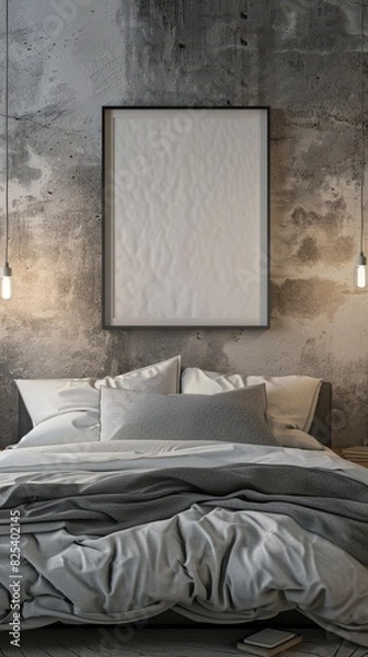 Fototapeta 3D render of a mockup frame in a loft bedroom with a concrete wall (close up, bedroom styling, ethereal, Composite, urban loft backdrop)