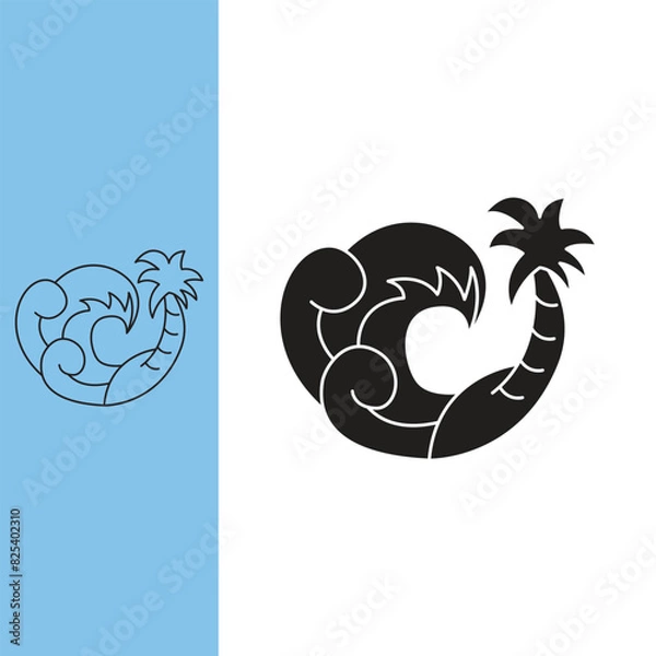 Obraz beautiful beach waves with coconut trees on the shore, monoline style and silhouette stylish.