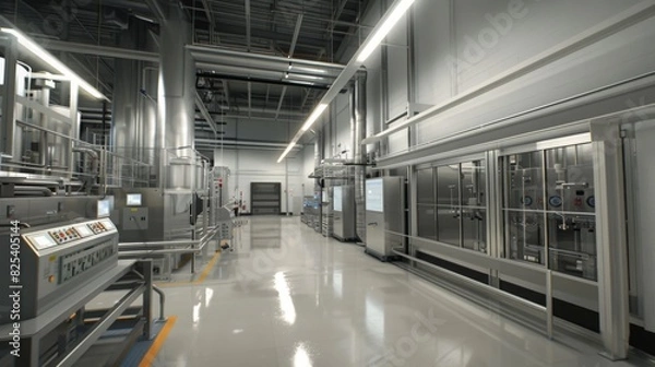 Obraz A spacious industrial factory with state-of-the-art machinery and equipment in operation, featuring clean, well-lit interiors and reflective floors, showcasing high standards of cleanliness and