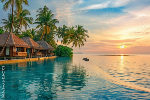 Fototapeta A luxurious tropical resort during sunrise, featuring overwater villas with traditional thatched roofs, surrounded by lush palm trees and an infinity pool seamlessly blending with the ocean