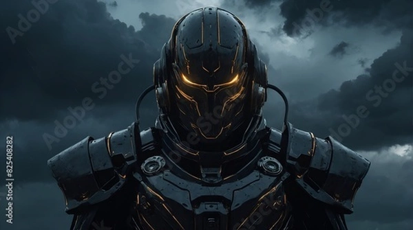 Obraz A brooding chrononaut clad in dark, shimmering attire, exuding a mysterious aura that contrasts starkly against the backdrop of metallic machinery and ominous storm clouds. 