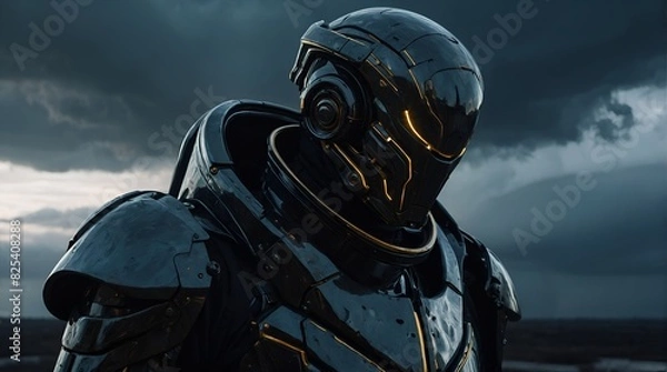 Obraz A brooding chrononaut clad in dark, shimmering attire, exuding a mysterious aura that contrasts starkly against the backdrop of metallic machinery and ominous storm clouds. 