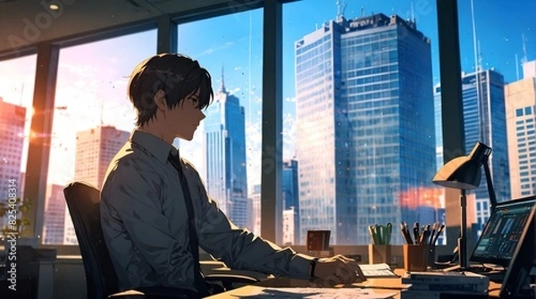 Fototapeta anime A business executive in his office with large windows behind him