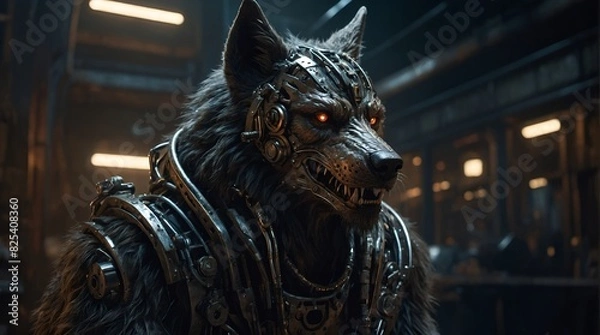 Fototapeta A fiercely augmented dieselpunk werewolf, its metal-infused fur gleams in the harsh industrial light, capturing a sense of primal power
