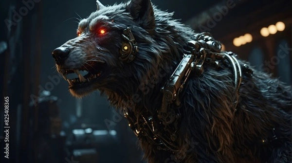 Fototapeta A fiercely augmented dieselpunk werewolf, its metal-infused fur gleams in the harsh industrial light, capturing a sense of primal power