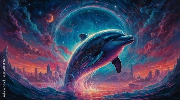 Fototapeta A synthwave idyllic creature emerges from a vibrant haze of neon colors, its sleek and streamlined form glowing with a soft, ethereal light.