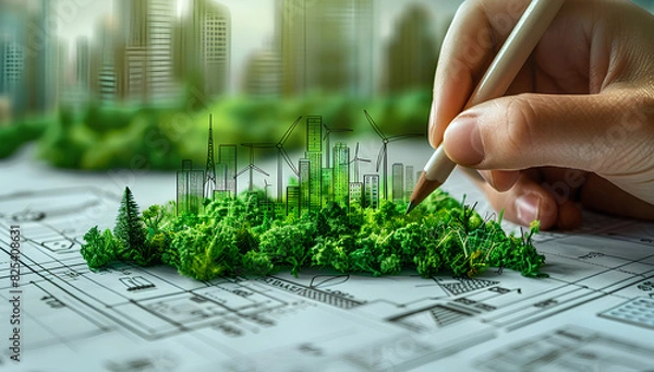 Fototapeta Businessman planning on environmental protection initiative for clean and sustainable future ecology, ESG environmental social governance display on paper chart on eco-friendly company
