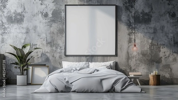 Fototapeta Minimalistic mockup frame in a 3D rendered contemporary bedroom (copy space, modern interior, dynamic, Composite, urban loft backdrop)