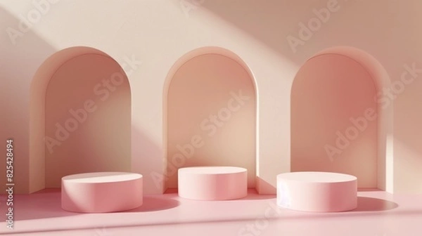 Obraz Three Minimalist Pink Toned Round Podiums for Product Presentation on Empty Background. Ideal for E-commerce and Advertising Displays, Showcasing Minimalist Style and Elegance.