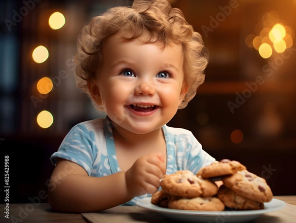 Fototapeta Close up portrait of a happy little child holding a big fresh baked cookie, blurred background	