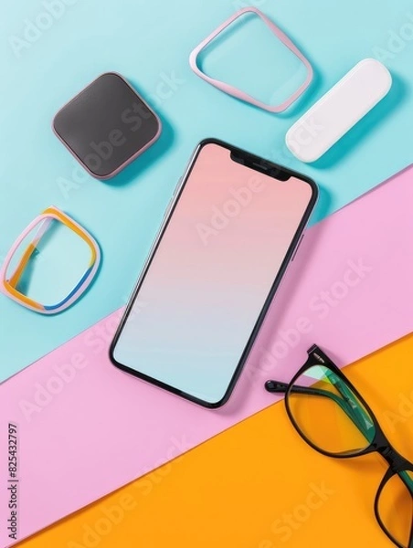 Fototapeta A social media post mockup displayed on a smartphone lying on a vibrant background with tech accessories, suitable for digital marketing or tech reviews.