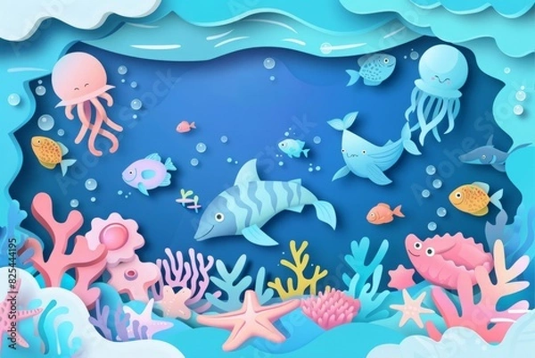 Fototapeta World Ocean Day poster with text "world ocean day" and underwater scene in paper cut style. Poster Design with sea and ocean animal: jellyfish, dolphins, fishes near the seashore