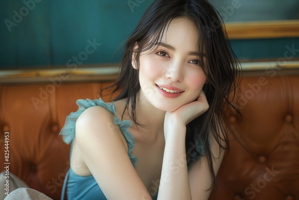 Fototapeta 深緑のワンピースを着た女性