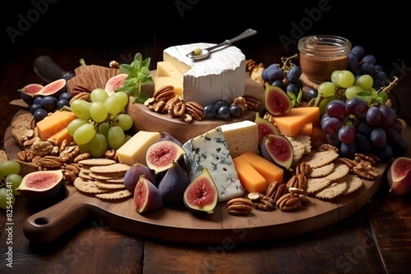 Fototapeta Elegant cheese platter with assorted fruits, nuts, and crackers.	Elegant cheese platter with assorted fruits, nuts, and crackers.