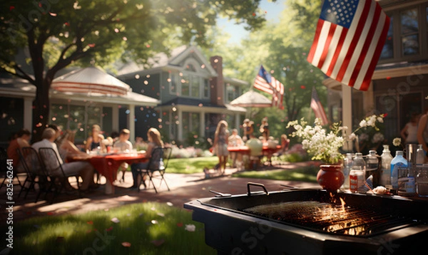 Fototapeta featuring a backyard filled with guests enjoying a Memorial Day barbecue, with American flags decorating the scene and children playing in the background, Memorial Day, Independenc
