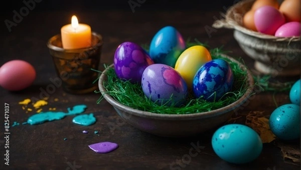 Fototapeta Flat lay. Dyeing Easter eggs with liquid food coloring. Different colors in different bowls.