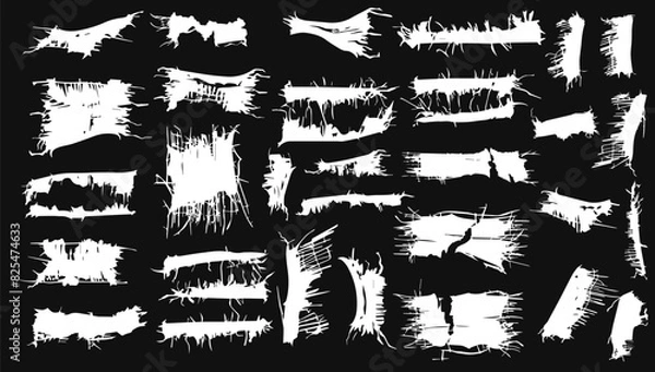 Fototapeta Frayed cloth torn and ripped black and white vector illustration set. Grunge textured design and cut out damaged template. Messy plaster and uneven ornate