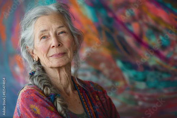 Obraz An older woman with grey hair is depicted against a vibrant and colorful background.