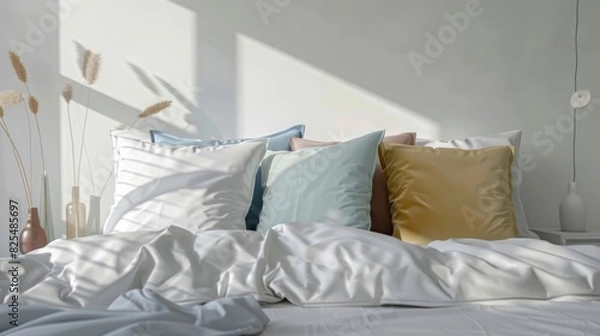 Obraz A modern and minimalist styled bedroom interior with neatly arranged colorful pillows on a white bed