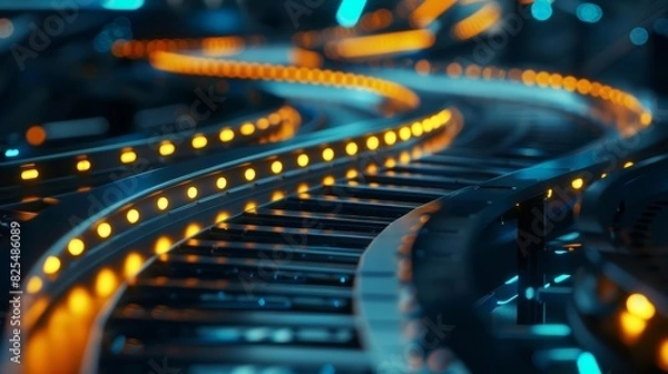 Fototapeta A close up of a stateoftheart conveyor belt system, efficiently transporting products through various stages of production, highlighted by a cinematic look for dynamic presentation