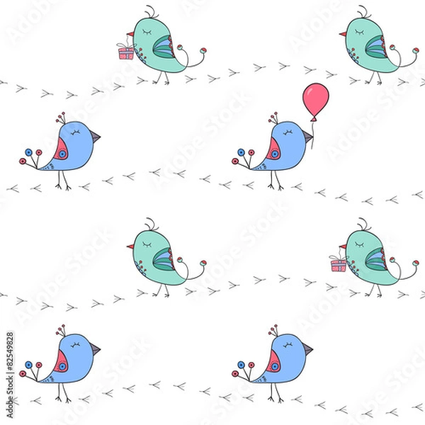 Fototapeta The black footprints and cute doodle birds
