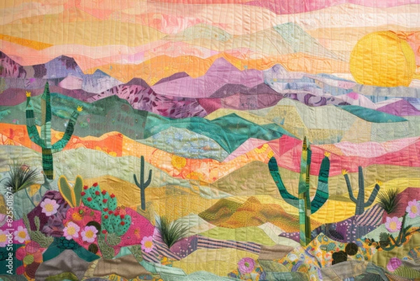 Obraz A colorful fabric patchwork landscape with mountains, cacti and wildflowers. The quilt is made of soft fabrics in pastel colors including pink, green, yellow and orange