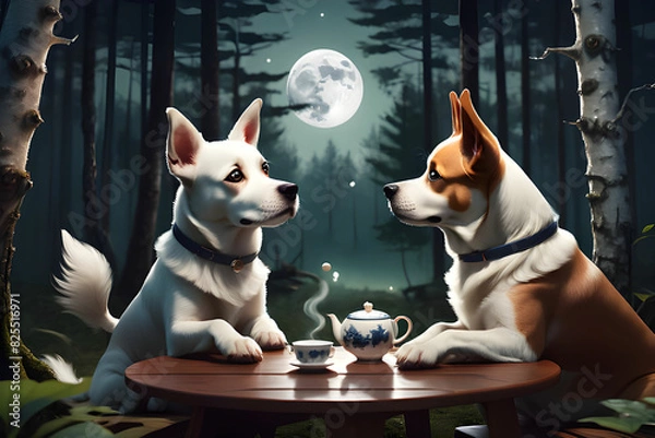Obraz A cute dog having a conversation over tea the place is a calm forest.