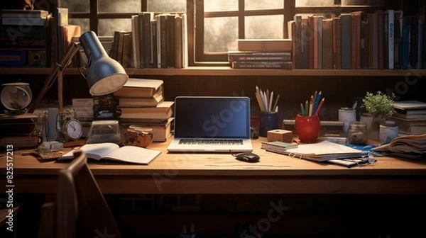 Fototapeta A photo of a students desk with educational supplies.