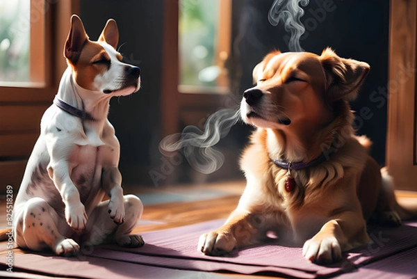 Obraz A cute dog is immersed in meditation while smelling aroma oil.