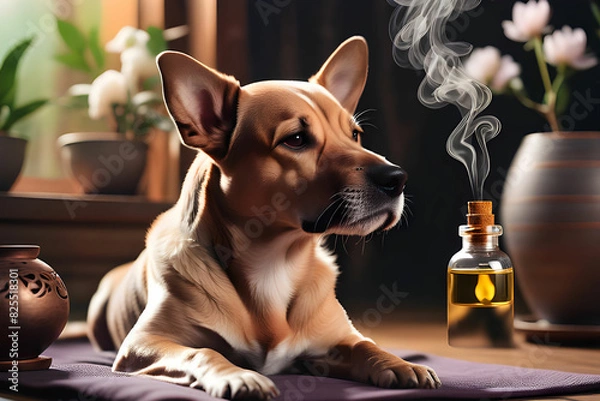 Obraz A cute dog is immersed in meditation while smelling aroma oil.