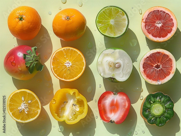 Fototapeta Fruit Vegetable Presentation, Veggie Fruits display wallpaper, Assortment of Fruits and Vegetables Background, Healthy fresh rainbow colored fruits and vegetables in a row
