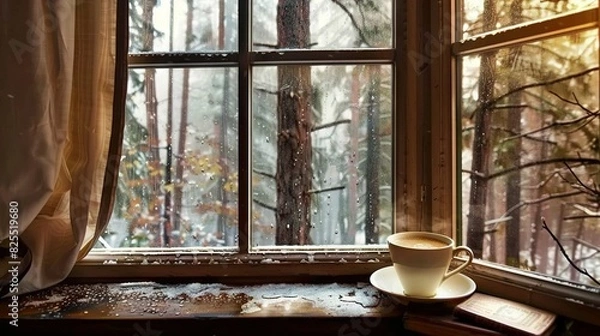 Fototapeta   A cup and saucer sit on a window sill, framing the snowy forest outside the window