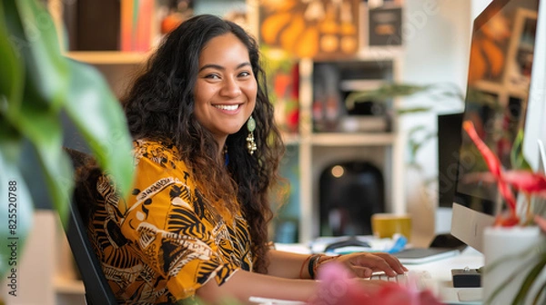 Obraz  young Māori woman is smiling at the camera while sitting in front of her computer, working on digital design projects. She is wearing an outfit with tribal patterns and has long curly hair.