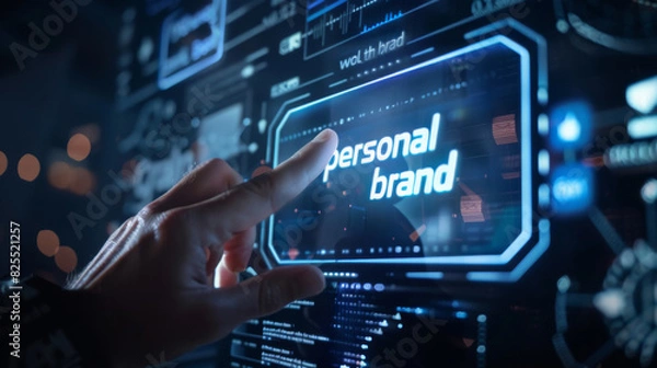 Fototapeta Hand interacting with futuristic interface displaying personal branding concept