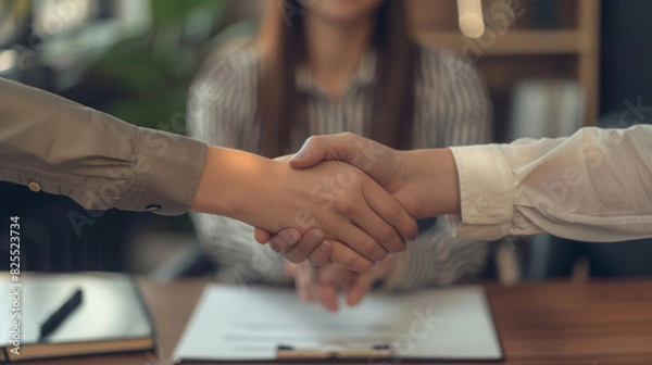 Obraz Close-up of a professional handshake with contract documents on the table