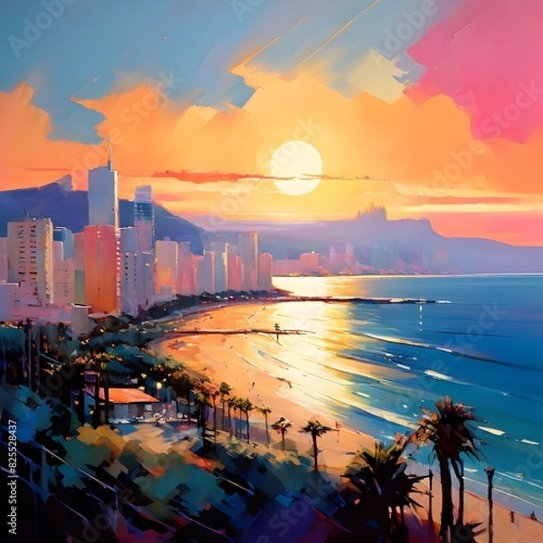 Obraz Seaside city resort panorama captured in acrylics, generative AI