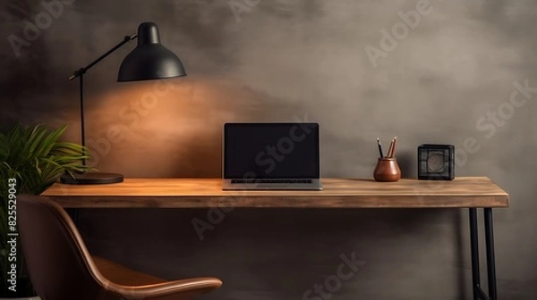 Fototapeta Minimalist workspace with a sleek desk, laptop, and stylish decor
