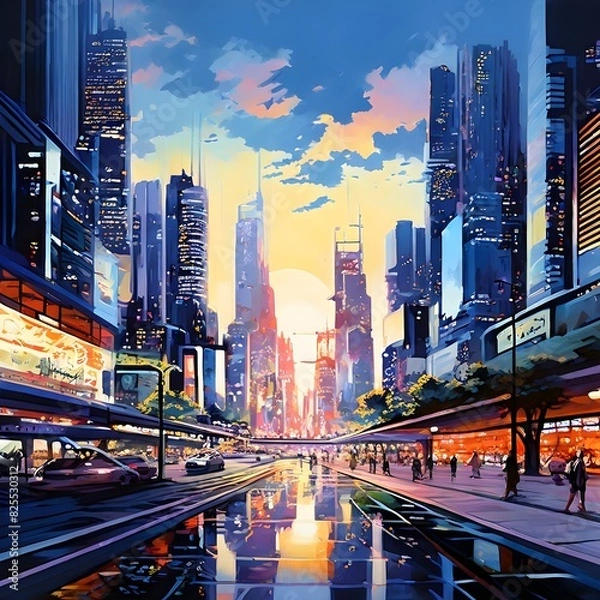 Obraz Futuristic city panorama acrylic painting, generative AI