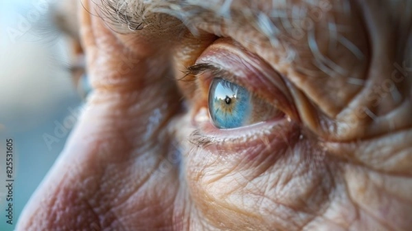 Fototapeta Close-up view of an old man's blue eye. Highlighting the depth in aged skin and human emotion. Perfect for conceptual, emotional stock purposes. AI