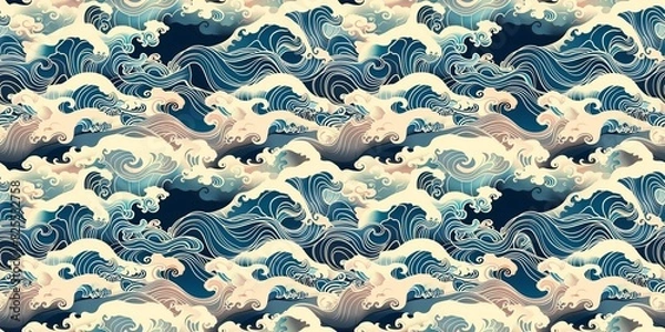 Fototapeta Seamless pattern of vintage Japanese oriental swirl sea wave cloud pattern, illustration of water ocean sea pattern.
