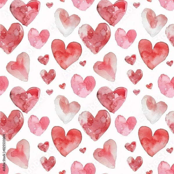 Fototapeta Seamless pattern of hearts in different red and pink shades. Happy Valentines Day watercolor hearts background vector illustration. 