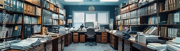 Fototapeta An interior shot of a small accounting office with 12 desks, each desk buried under heaps of documents, no people visible
