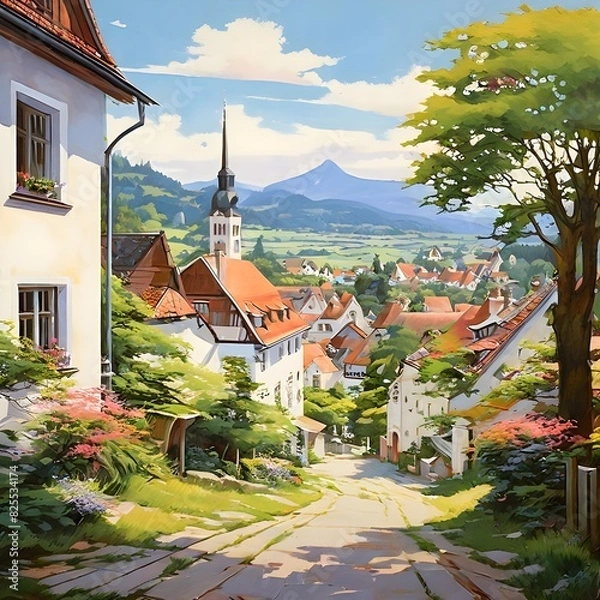 Obraz Bavarian town panorama in acrylics, generative AI