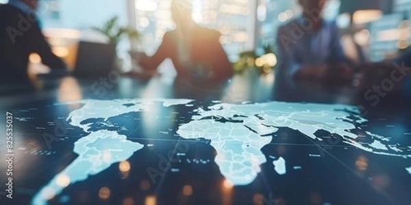Obraz Business people discussing global strategy with world map on table.