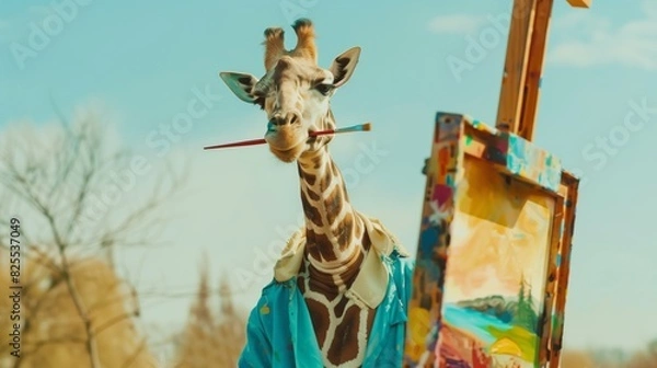 Fototapeta A creatively manipulated image of a giraffe wearing a jacket, holding a paintbrush in its mouth, acting as an artist