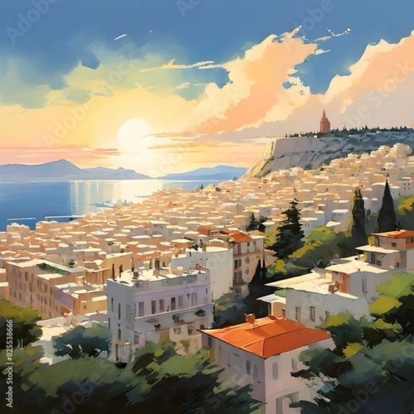 Obraz Greek town landscape in acrylics, generative AI