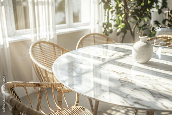 Fototapeta Bright dining area with a marble table and wicker chairs bathed in sunlight from large windows and a vase